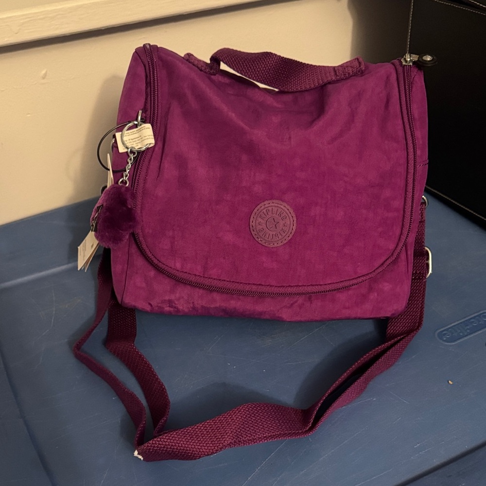 Kipling Deep Purple Crossbody Messenger Bag with Pom Charm